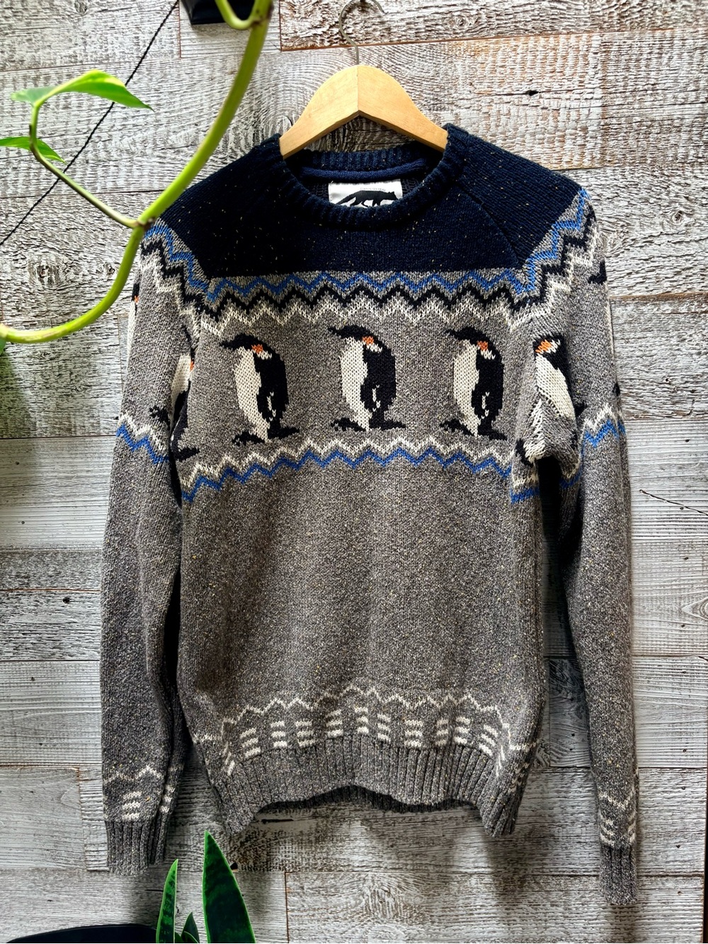 Character Hero | Men's Gray Penguin Novelty Fair Isle Knit Crewneck Sweater - M